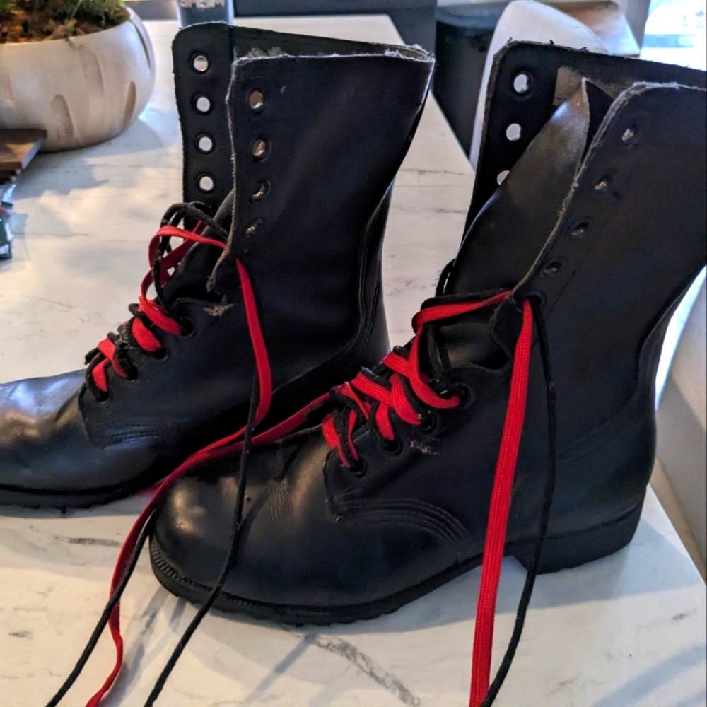 Leather Black Combat/Military Boots - Red & Black Laces